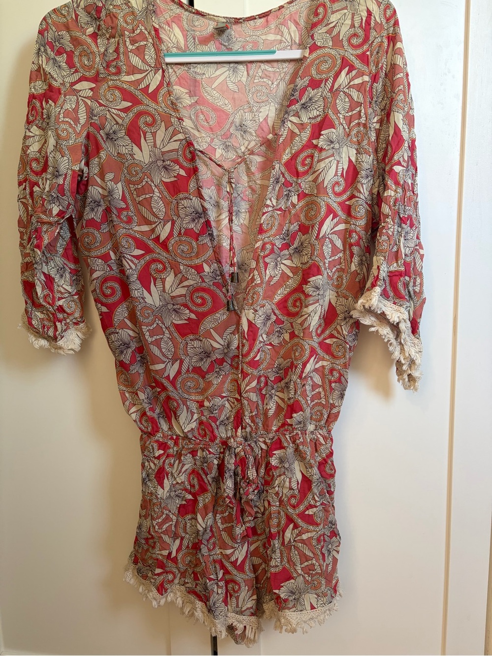 Maaji Red Botanical V-Neck Drawstring Shorts Romper Sz M